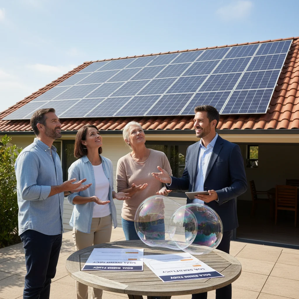 Homeowners discussing solar panel insurance policy with an agent on a rooftop.