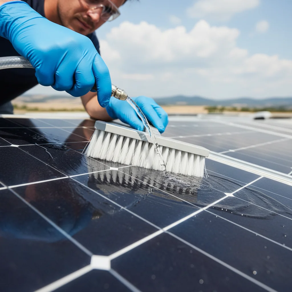 Professional cleaning of a solar panel with a soft brush and purified water.