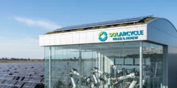 Advanced solar panel recycling facility processing photovoltaic waste efficiently