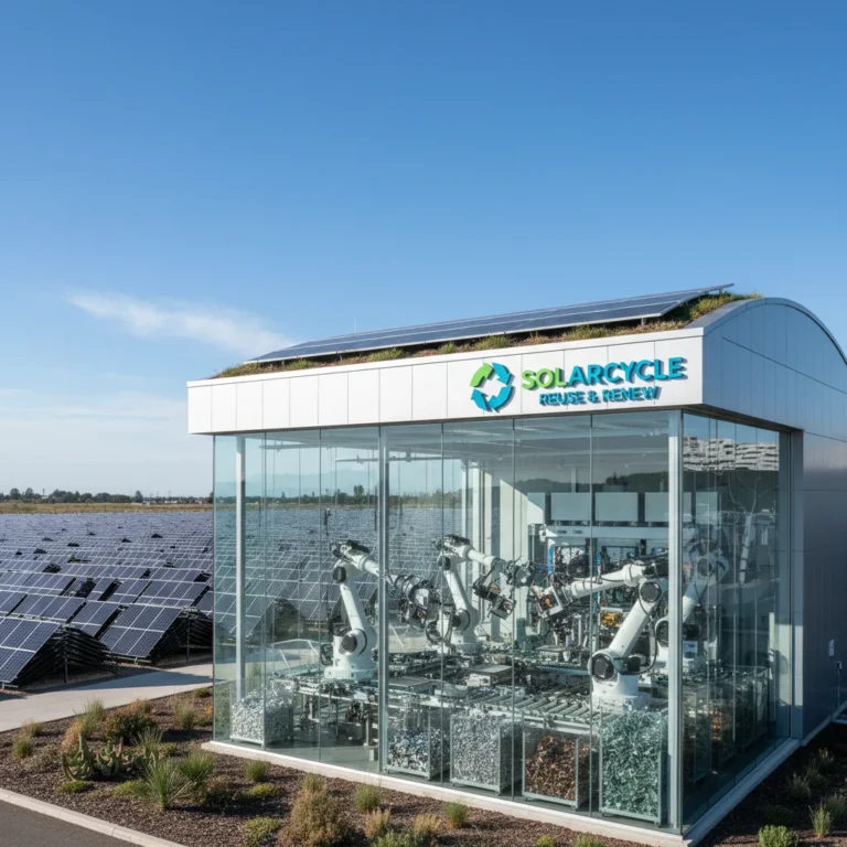 Advanced solar panel recycling facility processing photovoltaic waste efficiently