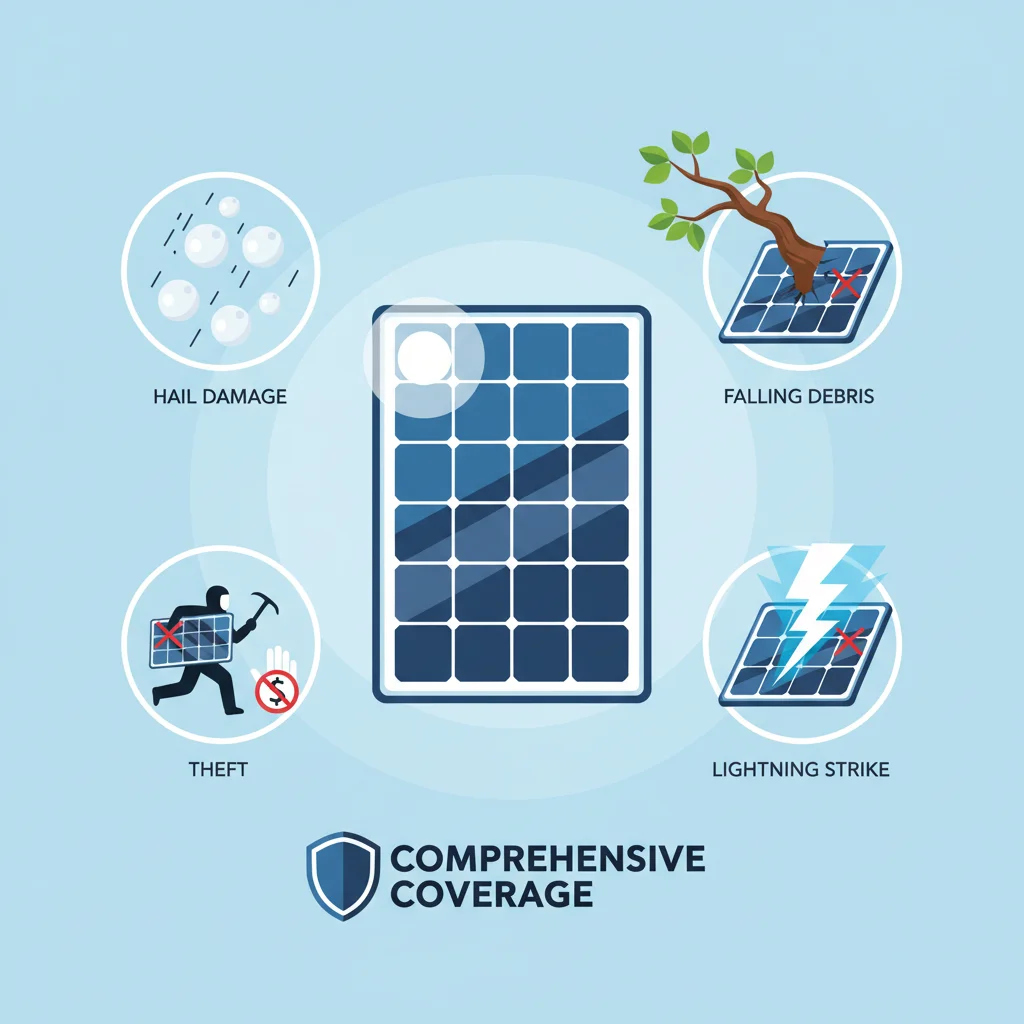 Icons representing various risks to solar panels: hail, falling branch, theft, lightning.
