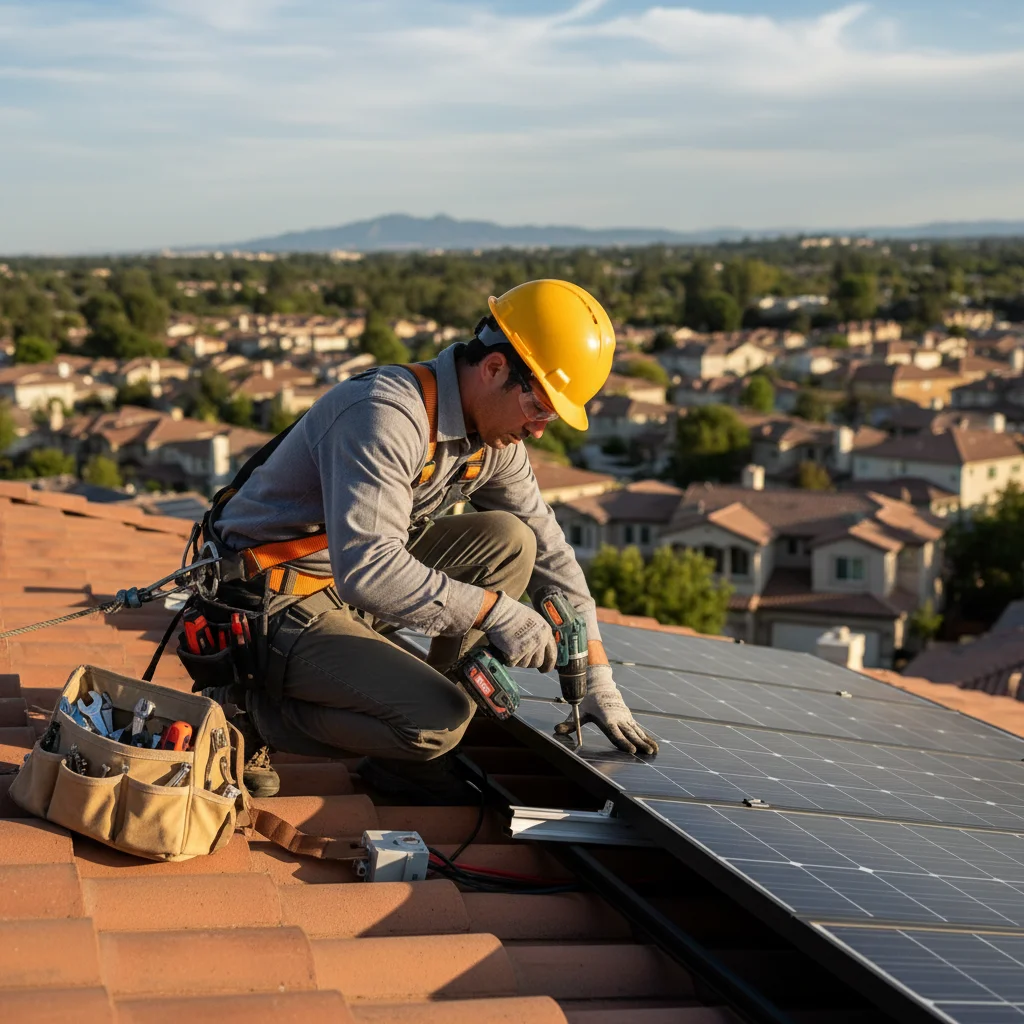 Solar technician carefully installing panels on a residential roof.