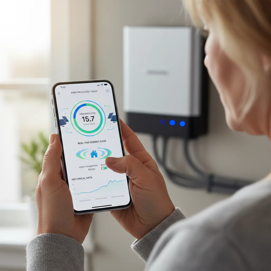 Mobile application displaying real-time solar panel performance metrics and energy data for a residential solar system.