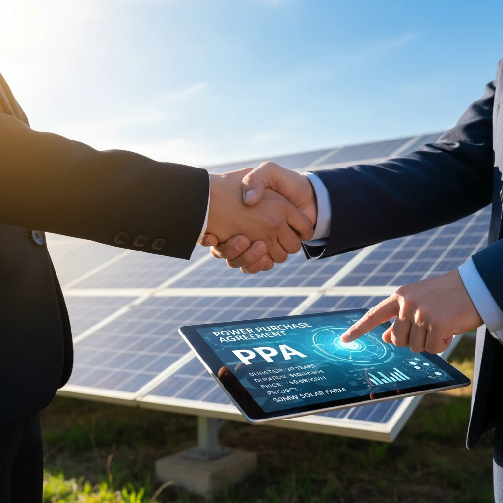 Business professionals shaking hands over a solar PPA contract, symbolizing agreement.