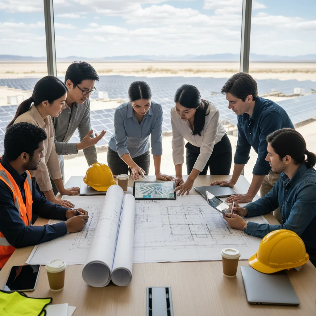 Engineers and project managers collaborate on solar farm blueprints.