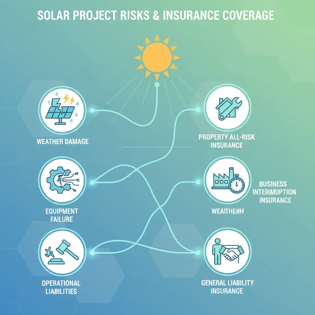 Infographic showing solar project risks linked to specific commercial solar insurance coverages.