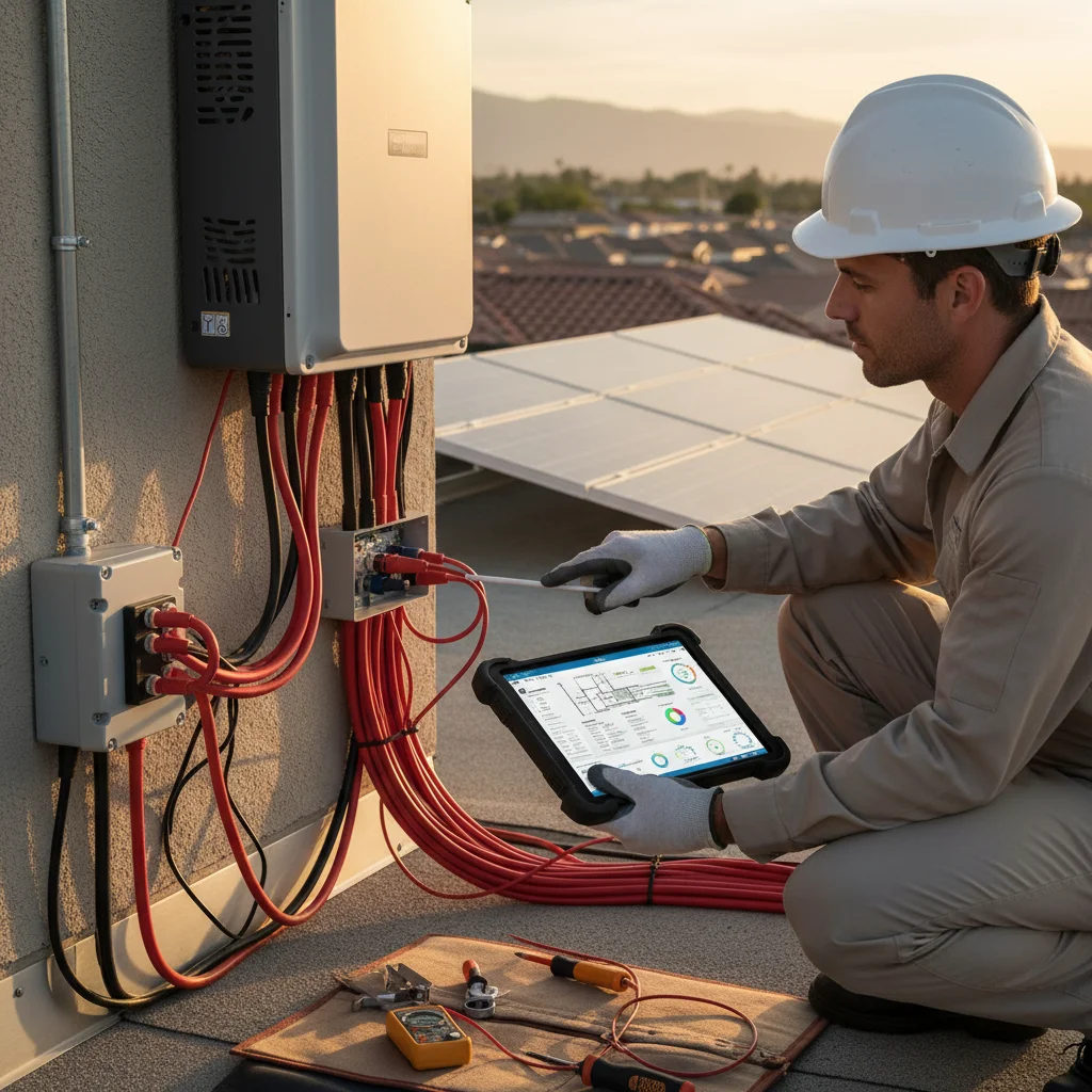 Solar technician inspecting inverter and wiring of a residential solar system.