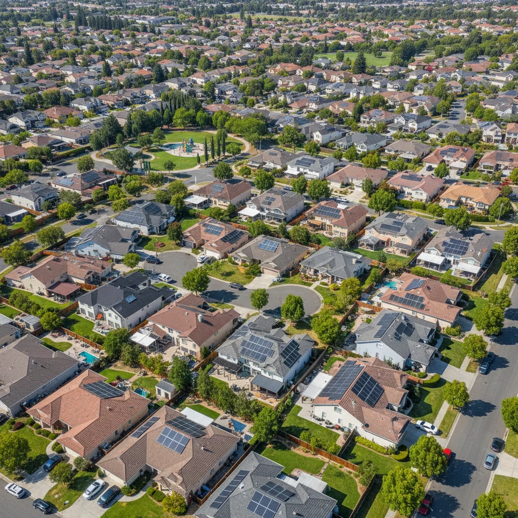 Residential rooftops with multiple solar thermal collectors, indicating widespread adoption.