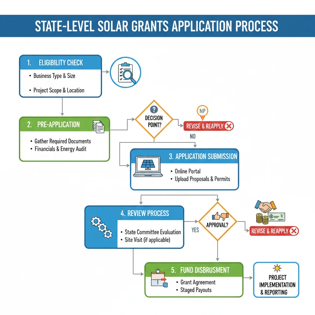 Infographic depicting the application process for state-level commercial solar grants and funding.