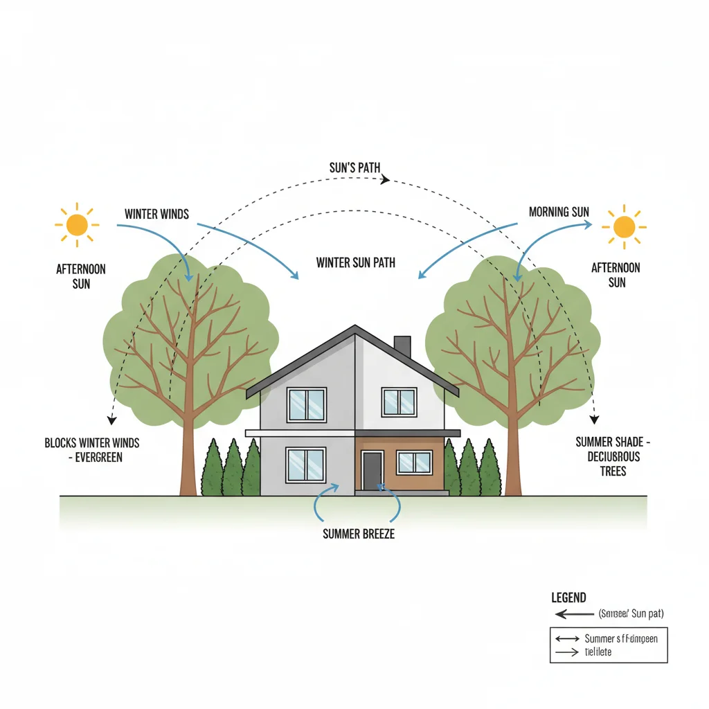 Diagram of sun path and strategic tree placement for energy-efficient shading.