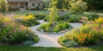 Sustainable garden with native plants and rain garden in a U.S. yard