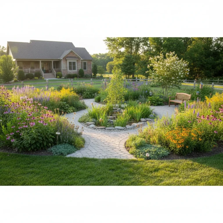 Sustainable garden with native plants and rain garden in a U.S. yard