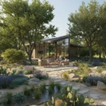Sustainable home with energy-efficient landscaping, shaded by trees, reducing cooling costs.