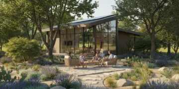 Sustainable home with energy-efficient landscaping, shaded by trees, reducing cooling costs.