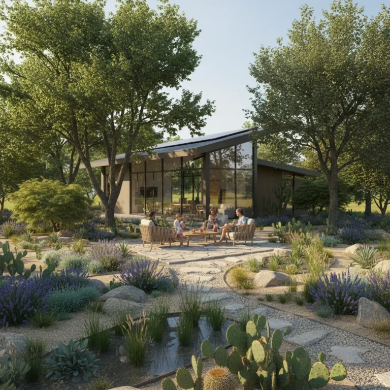 Sustainable home with energy-efficient landscaping, shaded by trees, reducing cooling costs.