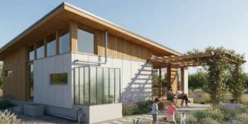 Sustainable home with rainwater harvesting and drought-resistant garden