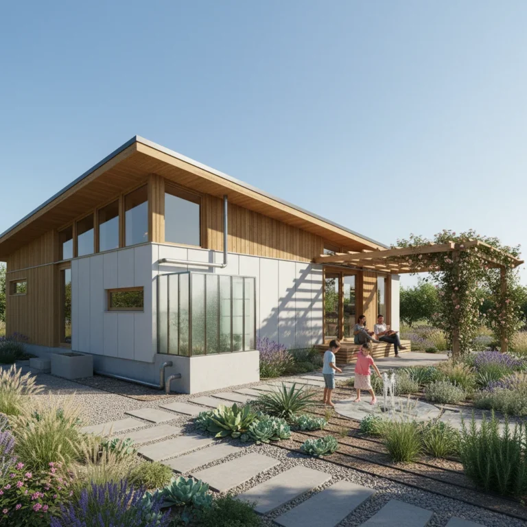 Sustainable home with rainwater harvesting and drought-resistant garden