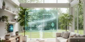 Modern home interior with clean air and green elements, symbolizing improved indoor air quality.