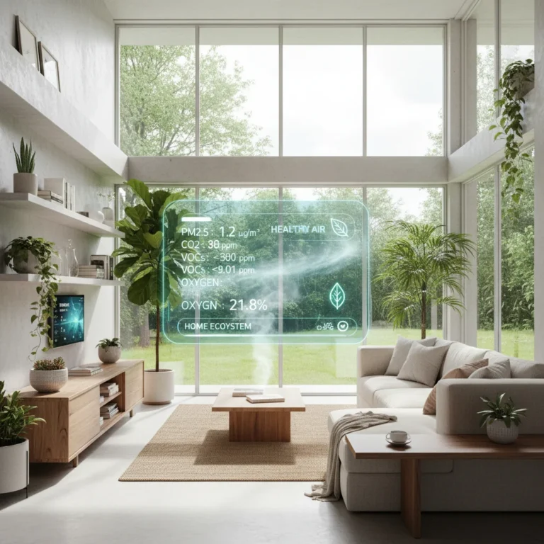 Modern home interior with clean air and green elements, symbolizing improved indoor air quality.