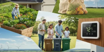 Sustainable living collage with solar panels, gardening, recycling, and eco-friendly transport in the U.S.