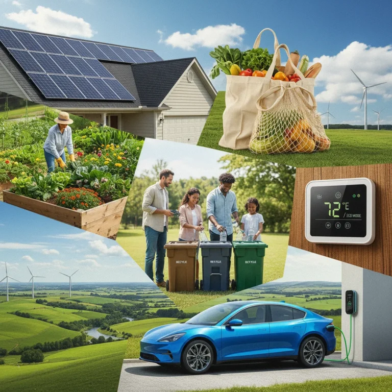 Sustainable living collage with solar panels, gardening, recycling, and eco-friendly transport in the U.S.
