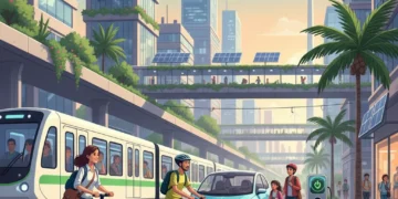 Diverse U.S. commuters engaging in sustainable transportation methods like electric scooters, bicycles, electric cars, and public transit in a green city.