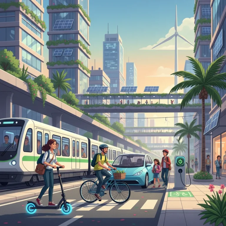 Diverse U.S. commuters engaging in sustainable transportation methods like electric scooters, bicycles, electric cars, and public transit in a green city.