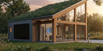 Sustainable U.S. home with innovative green technologies and lush landscaping.