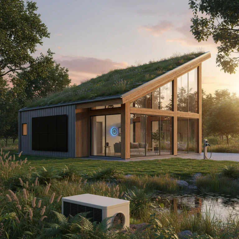 Sustainable U.S. home with innovative green technologies and lush landscaping.