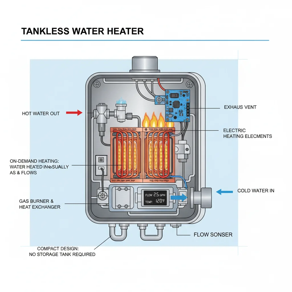 Diagram of a tankless water heater's internal workings and efficiency