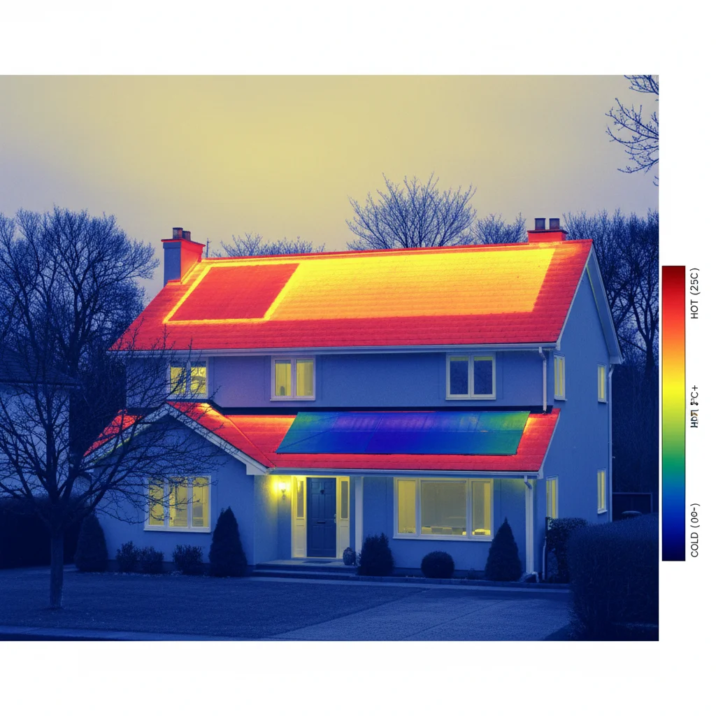 Infrared thermal scan showing heat loss through poorly insulated attic