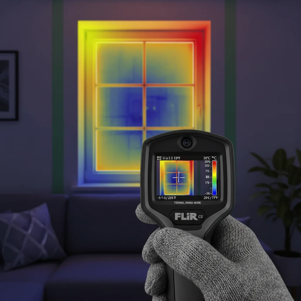 Thermal imaging camera detecting heat loss around a window frame in a home.