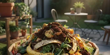 Urban home composting bin with organic waste in a modern backyard