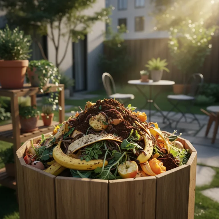 Urban home composting bin with organic waste in a modern backyard