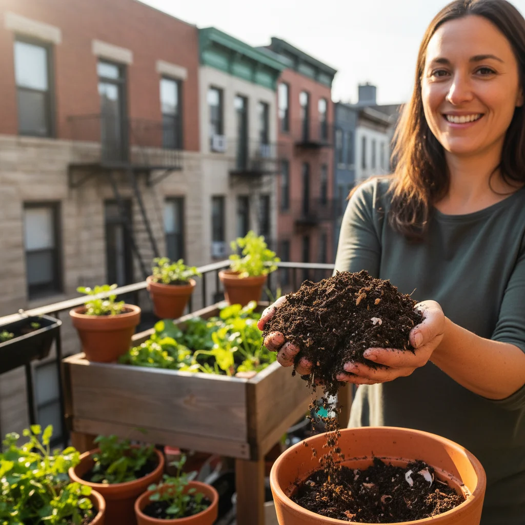 Urban gardener holding finished compost for potted plants