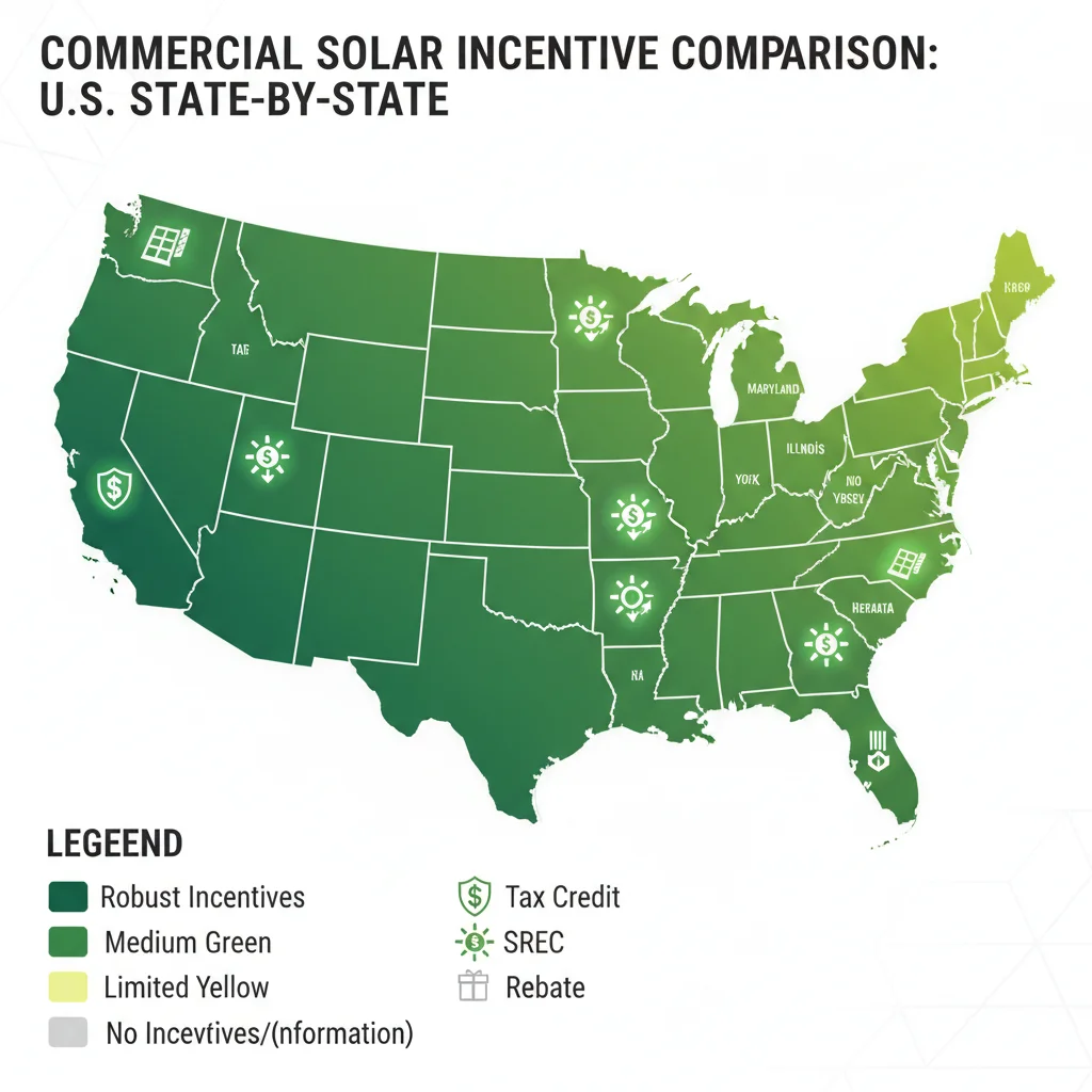 Color-coded map of US states showing varying commercial solar incentive levels and types.