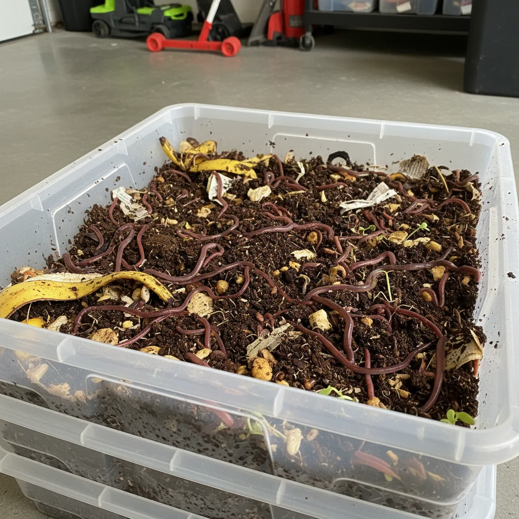Red wiggler worms in a vermicomposting bin processing food scraps