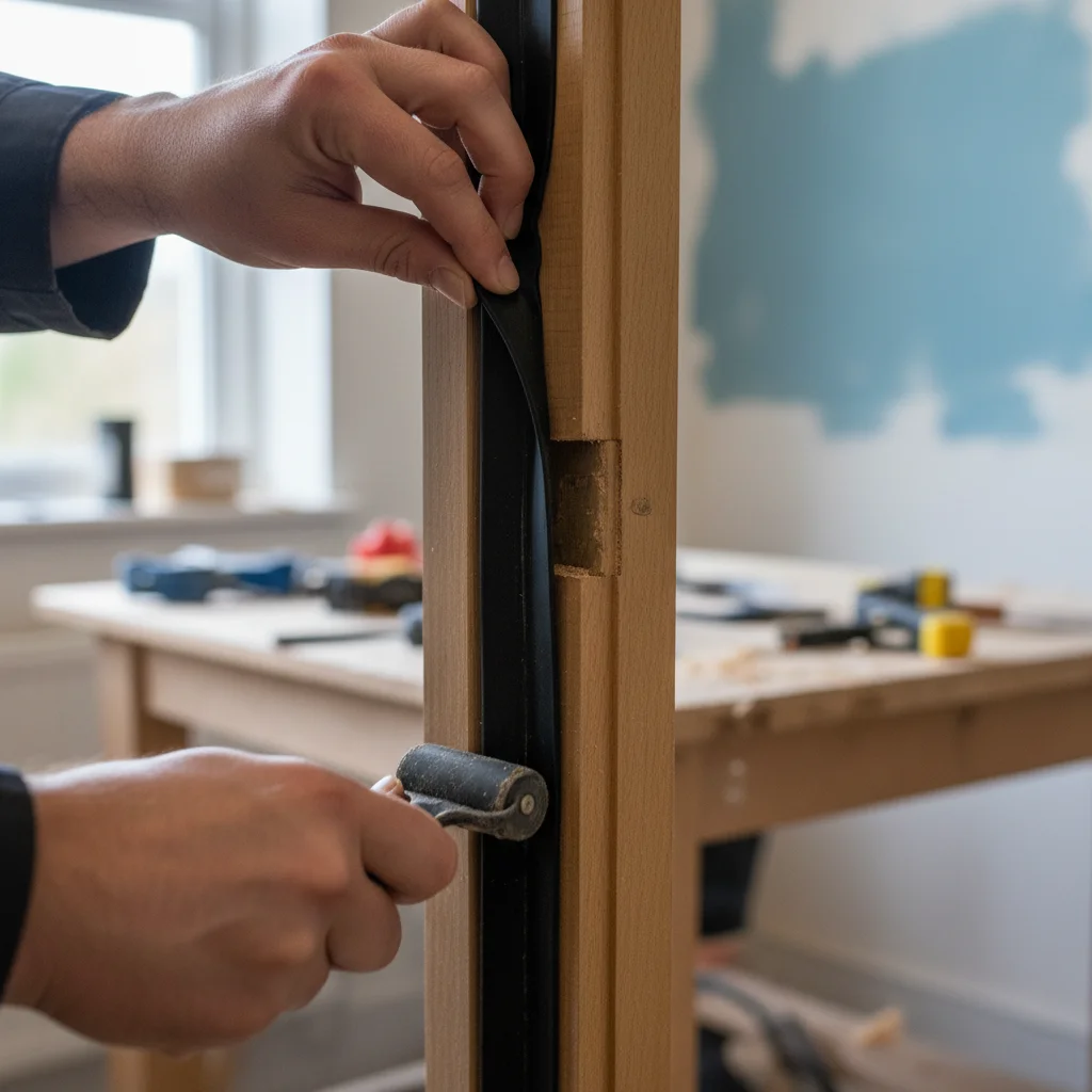 Applying weatherstripping to door frame for air sealing