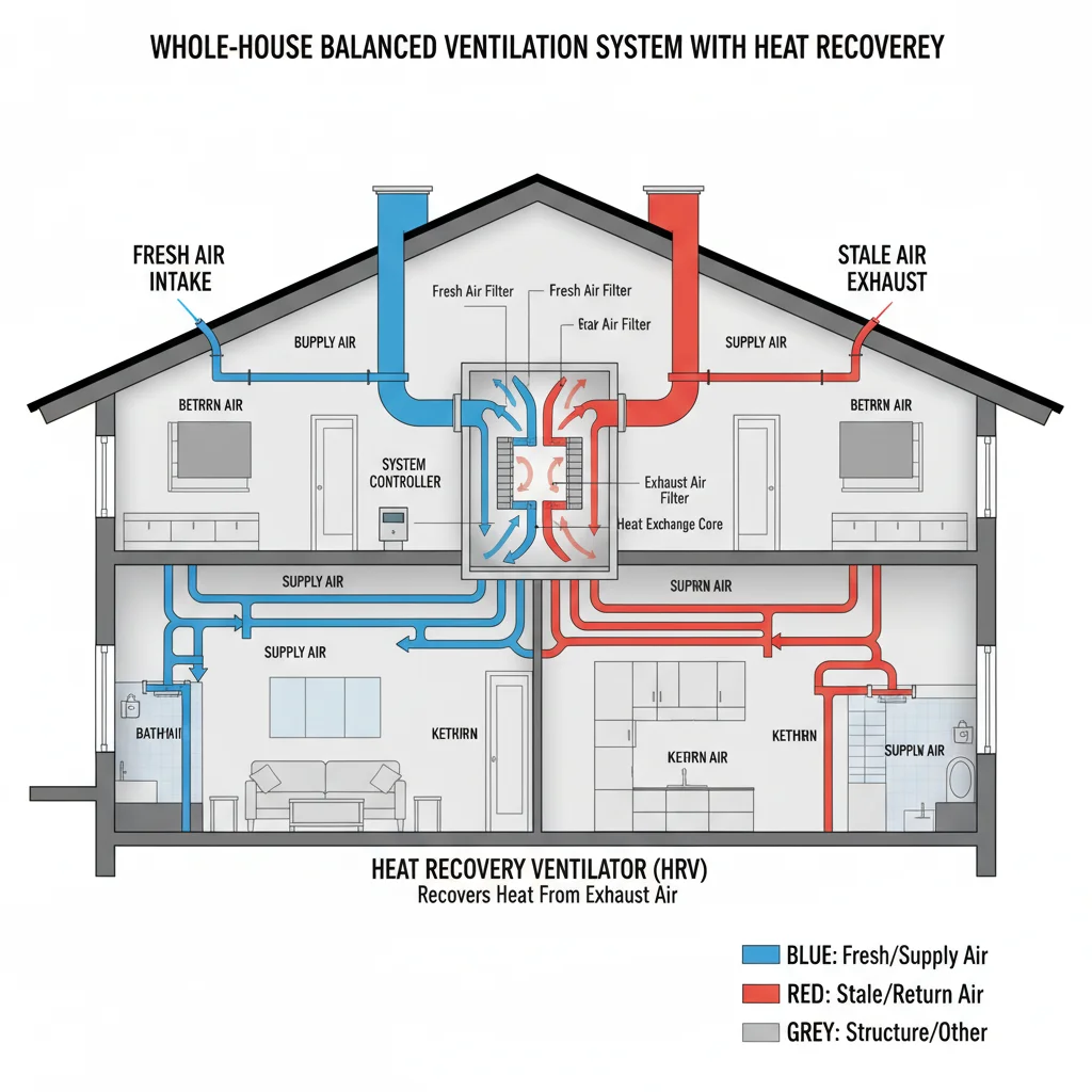 Diagram of a whole-house ventilation system, illustrating air exchange and energy recovery.