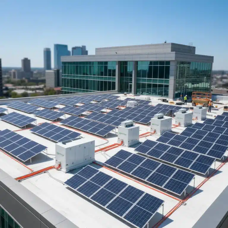 Large commercial building with extensive rooftop solar panels, symbolizing quick installation.