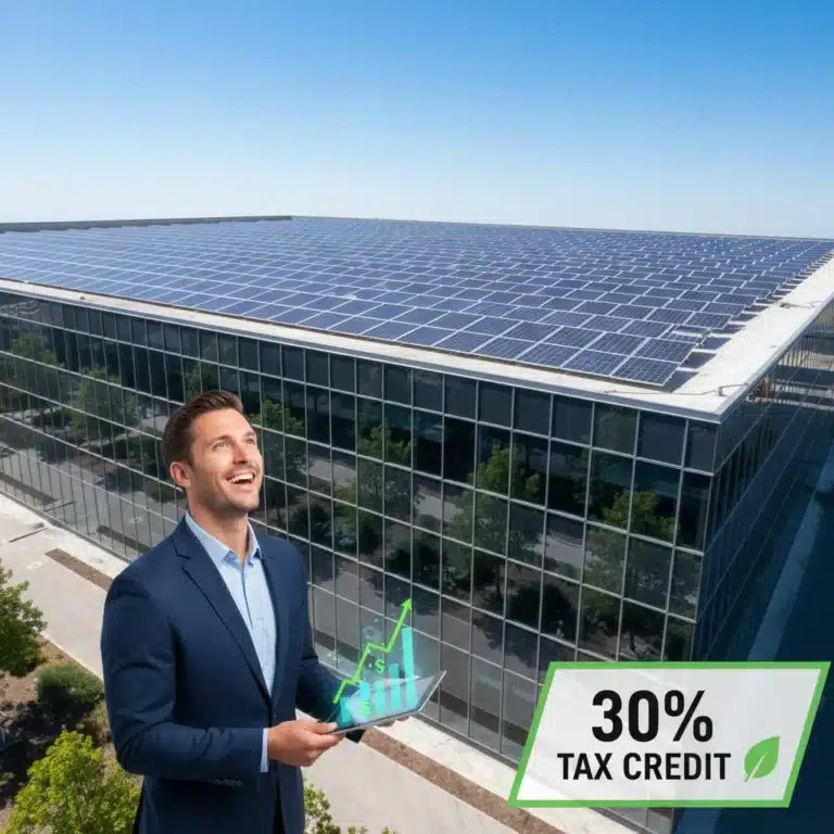 Commercial building with solar panels, symbolizing the 2026 Commercial Solar ITC benefits.