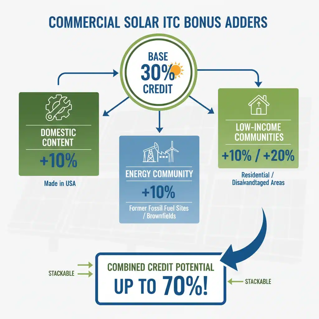 Infographic detailing Commercial Solar ITC bonus adders like domestic content and energy communities.