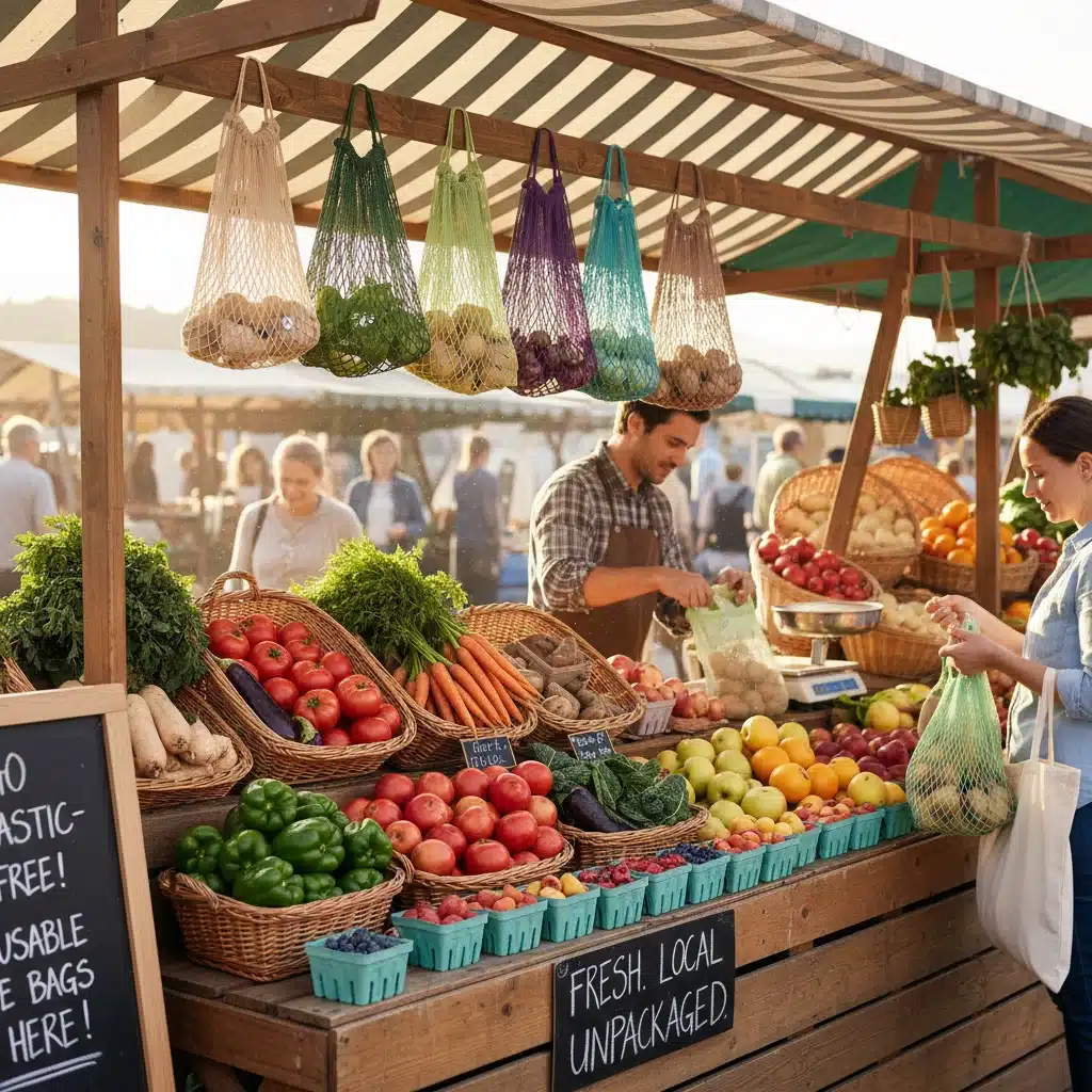 Farmer's market stall with fresh produce and reusable bags