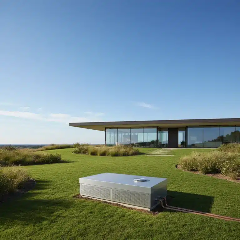 Geothermal home heating system with modern house and green lawn