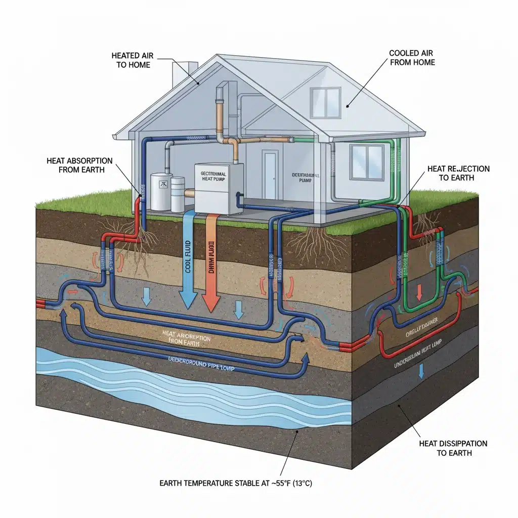 Diagram of a geothermal heat pump's underground loop system