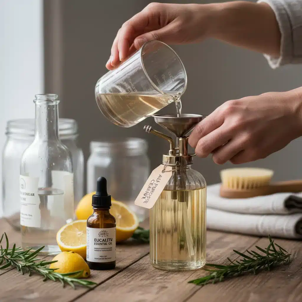 Person refilling glass spray bottle with homemade cleaner