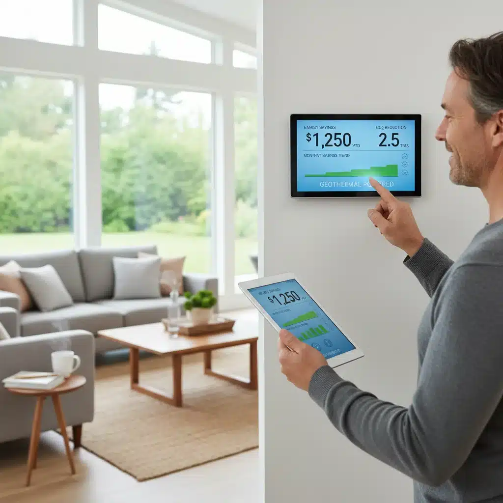 Homeowner checking energy savings on a smart thermostat with geothermal heating