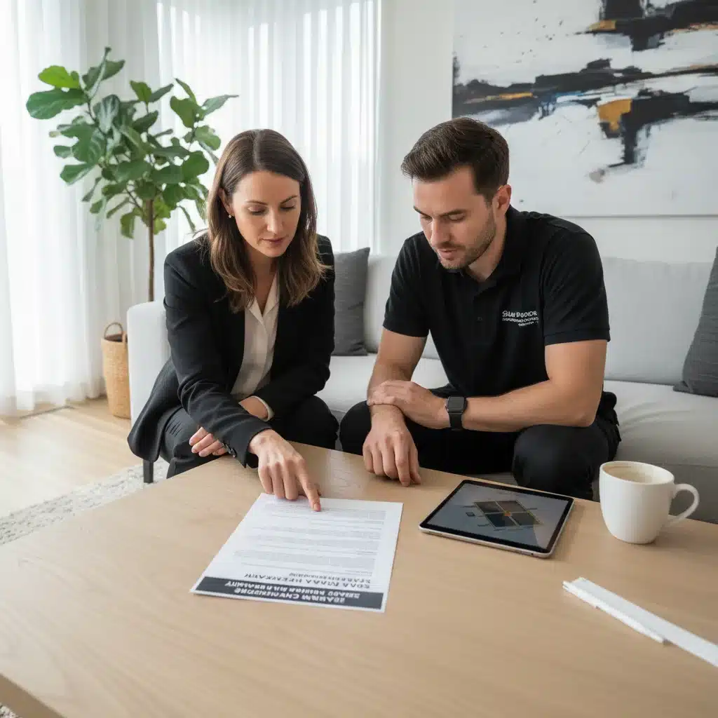 Homeowner reviewing solar warranty document with installer