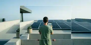 Harnessing the Sun: A Guide to Sustainable Living with Solar Energy A person on a minimalist rooftop observing dark monocrystalline solar panels, symbolizing sustainable living and home energy generation.