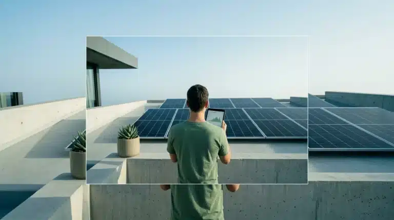A person on a minimalist rooftop observing dark monocrystalline solar panels, symbolizing sustainable living and home energy generation.